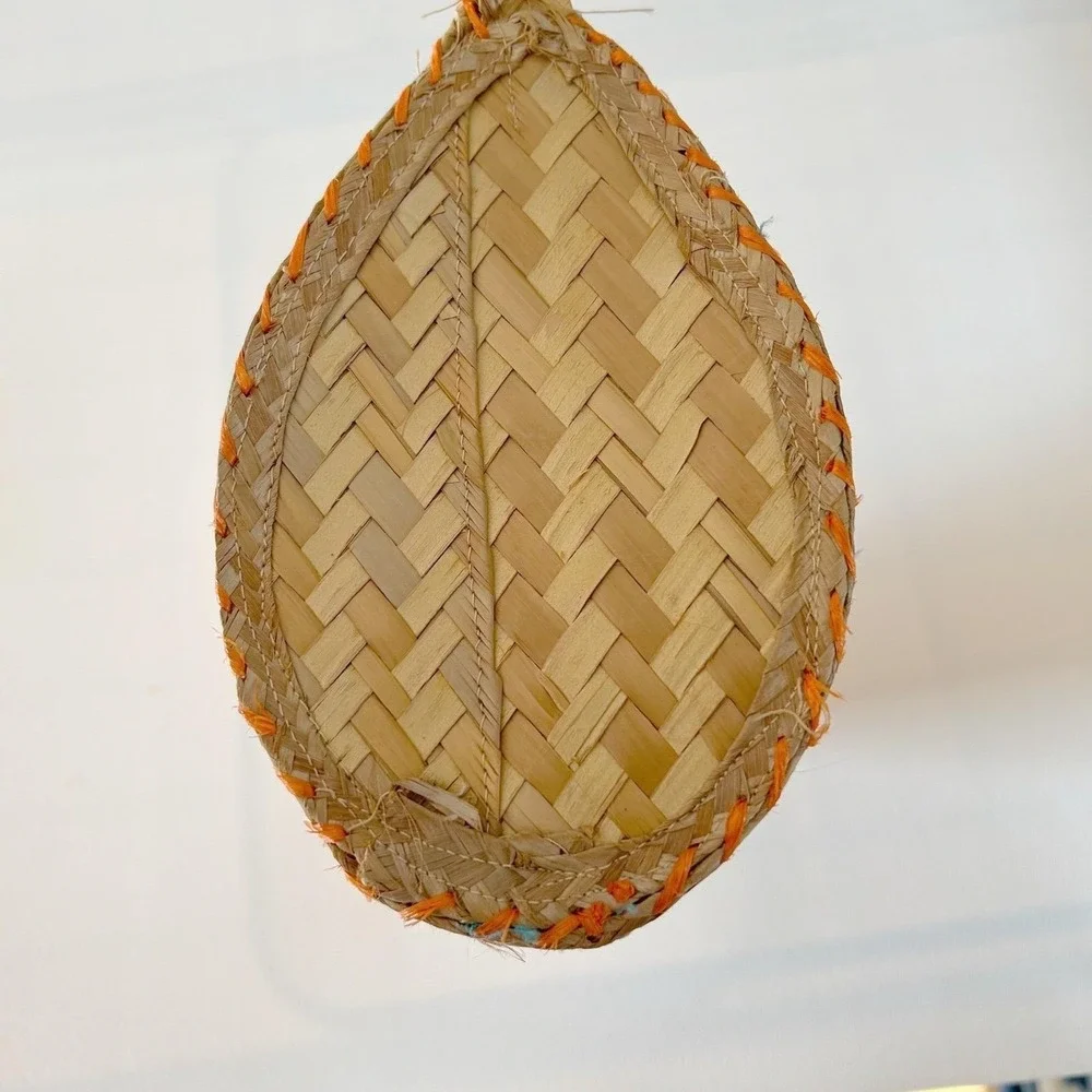 Vtg Woven Straw Handbag‎ Top Handle Orange Yellow Raffia Floral Boho Purse